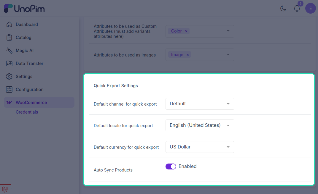 Quick Export Settings
