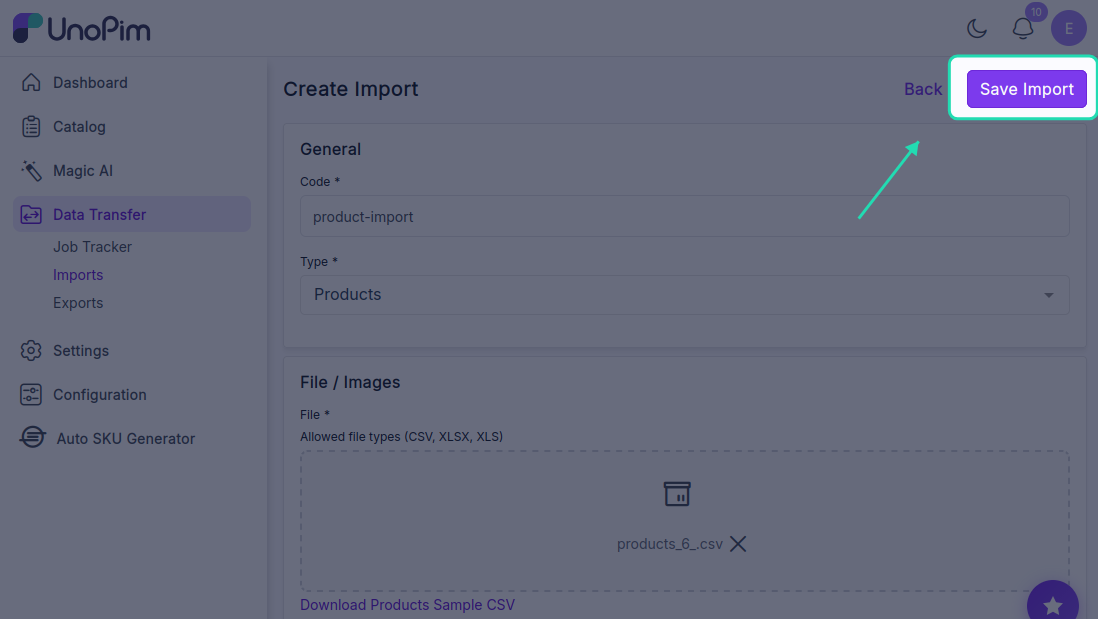 Save Import Button