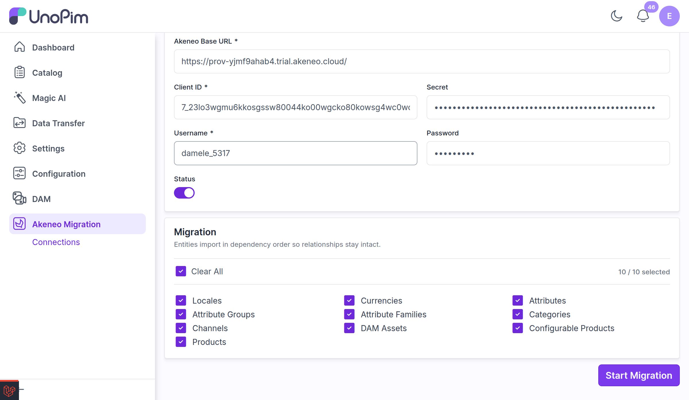Select entities to migrate