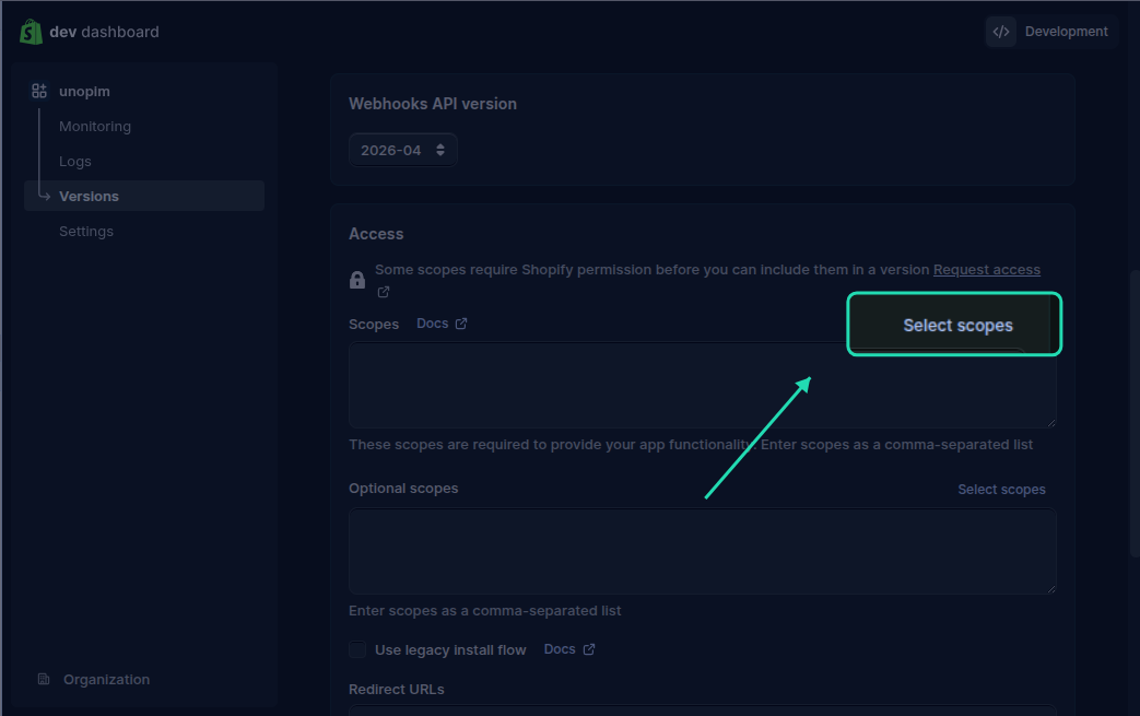 Shopify select scopes