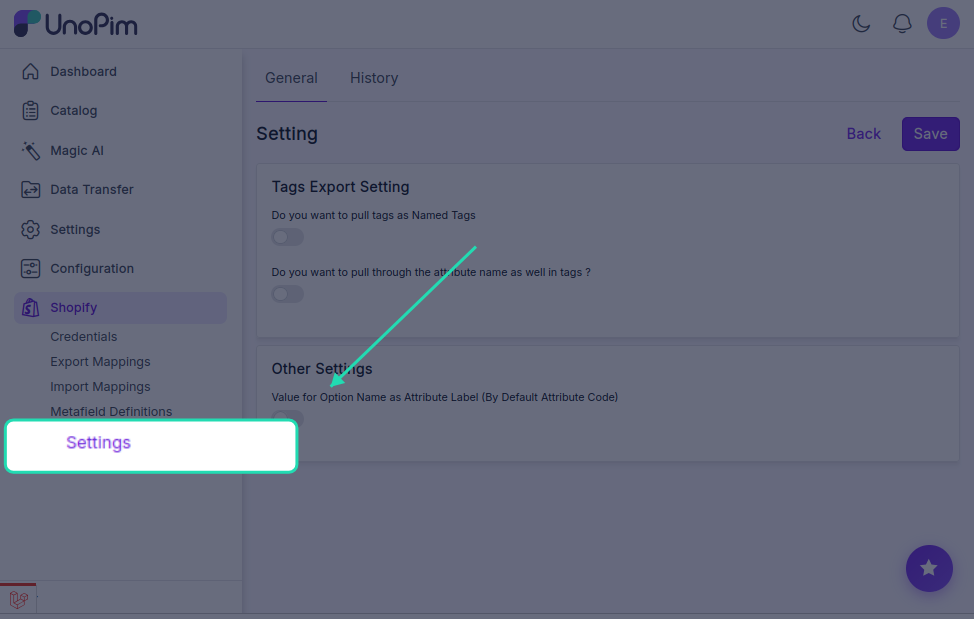 Shopify Connector Settings