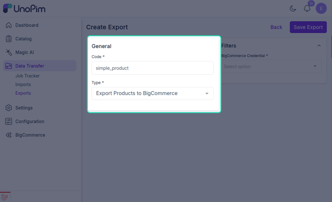 Export profile form filled